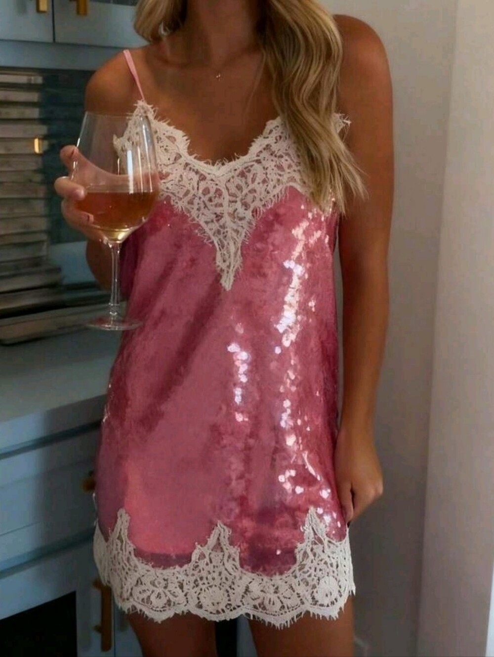 Women Y2K Sequin Slip Dress Lace Trim Spaghetti Strap Going Out Party Club Mini - Picture 2 of 5